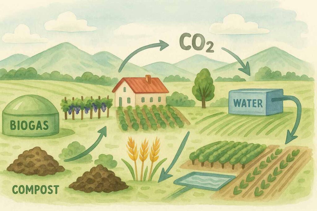 landscape of sustainable agriculture showing vineyards, a biogas plant, composting area, and water recycling system in a clean, diagrammatic layout.