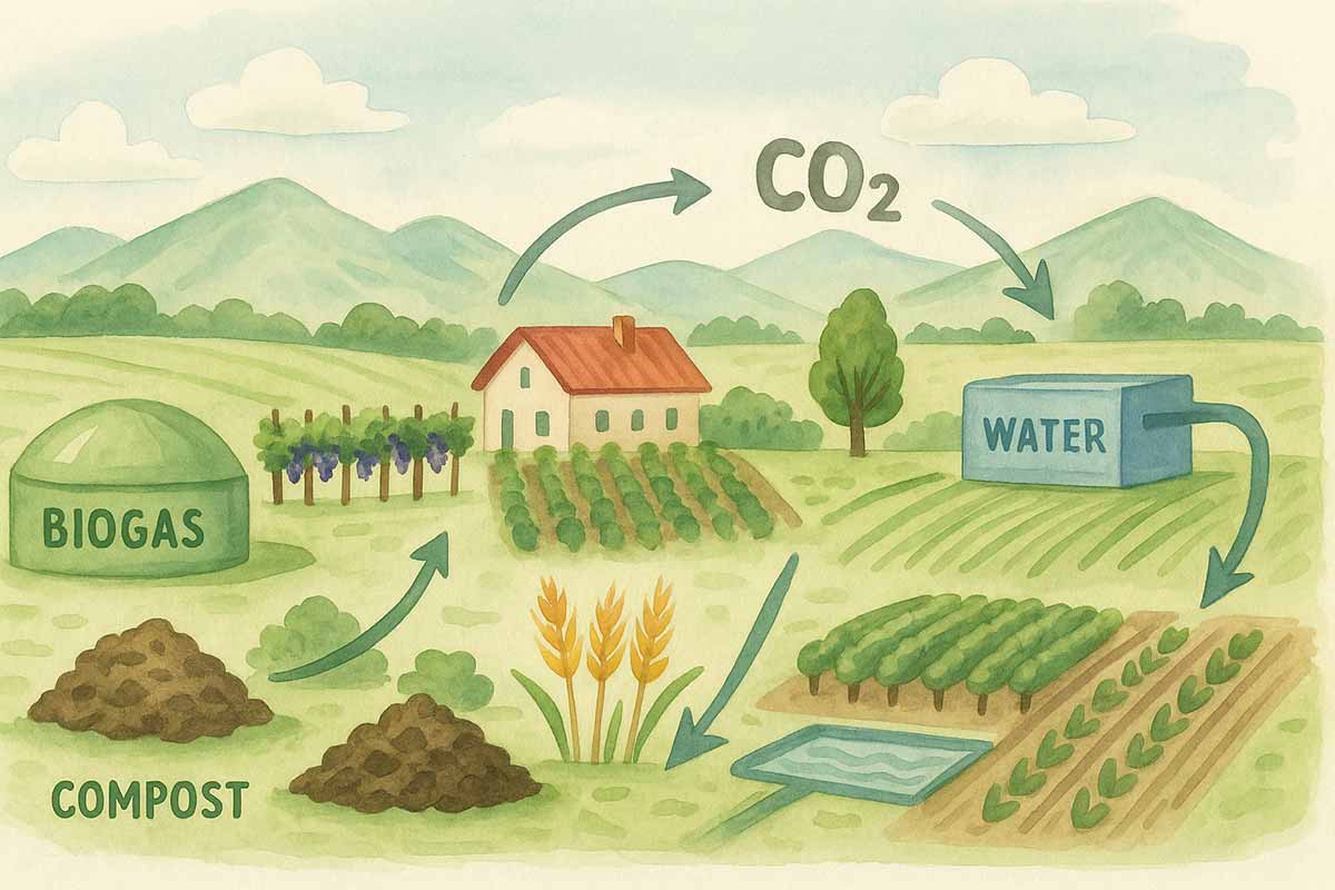 landscape of sustainable agriculture showing vineyards, a biogas plant, composting area, and water recycling system in a clean, diagrammatic layout.